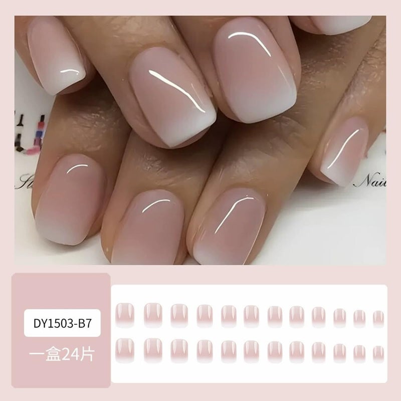 juggssa Short Square Press on Nails French Fake Nails Ombre Acrylic Nails Press on Full Cover Glossy Glue on Nails Artificial Stick on Nail for Women Manicure Decoration 24PCS - Image 4